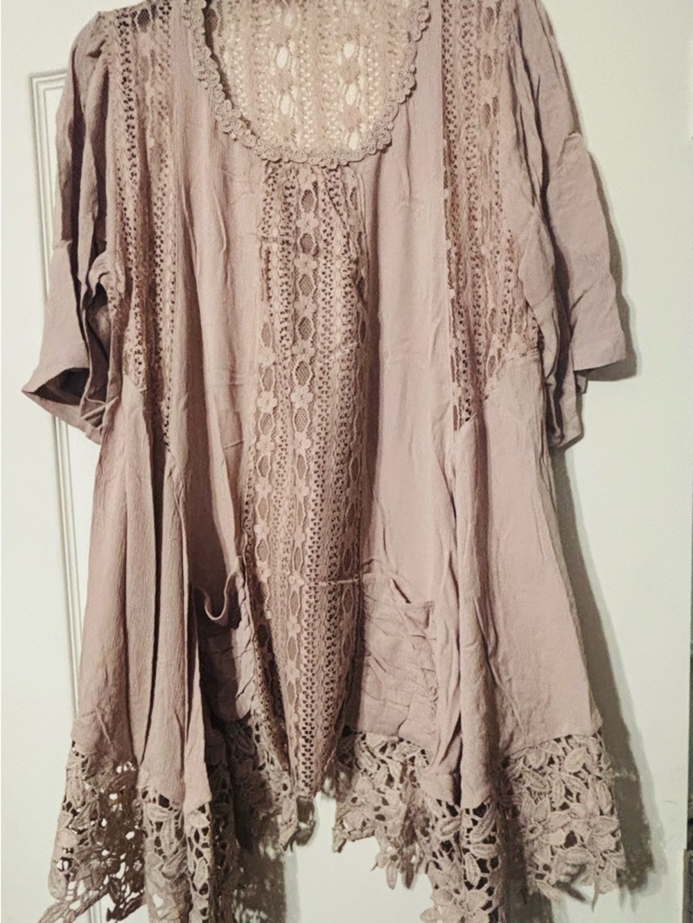Women's Crochet-Accent Taupe Tunic Top